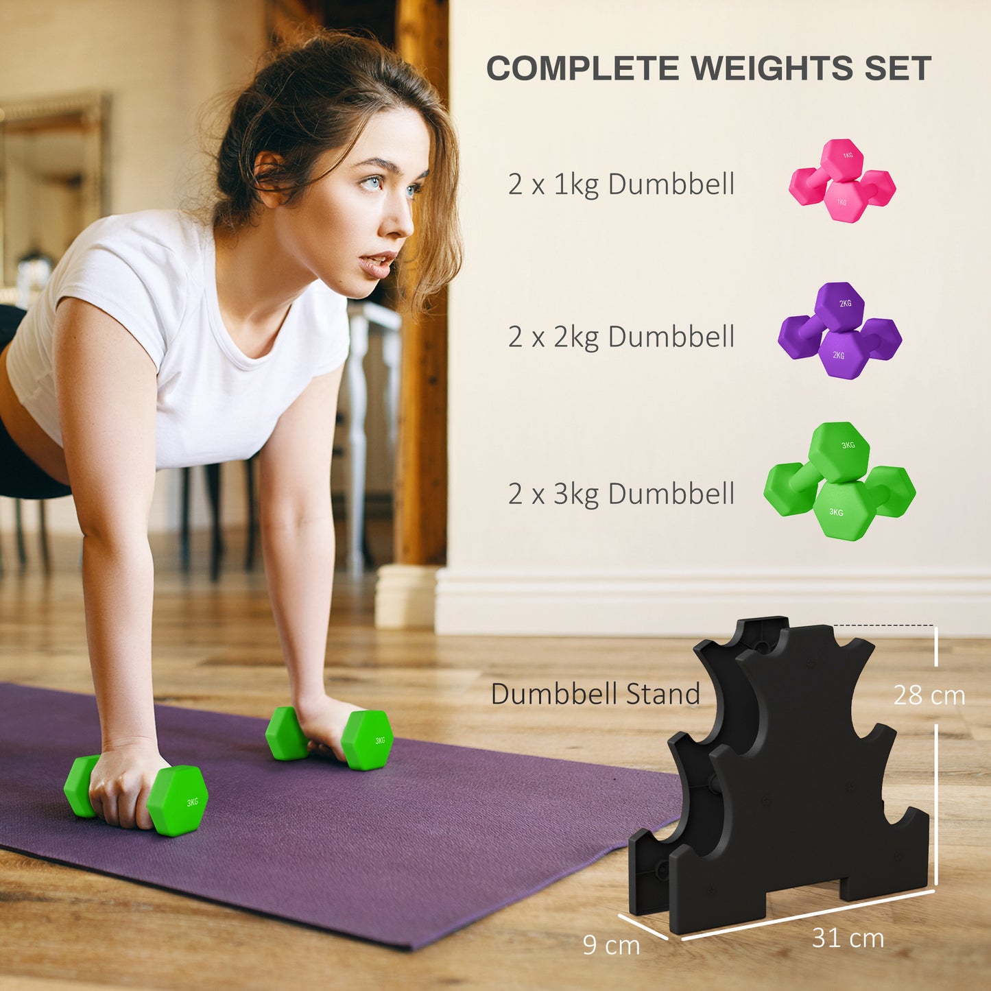 2 x 1kg, 2 x 2kg, 2 x 3kg Dumbbells Set with Dumbbell Rack, Hand Weights for Home Gym Training | SPORTNOW-2