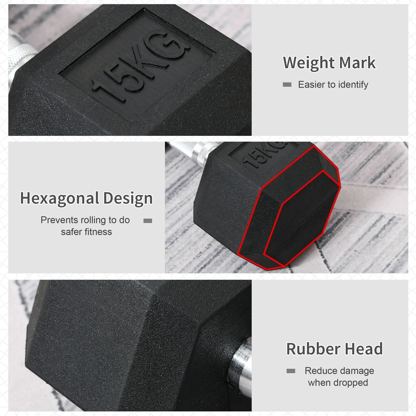 2x15kg Rubber Hex Dumbbell Portable Hand Weights Dumbbell Home Gym Workout Fitness Hand Dumbbell-3