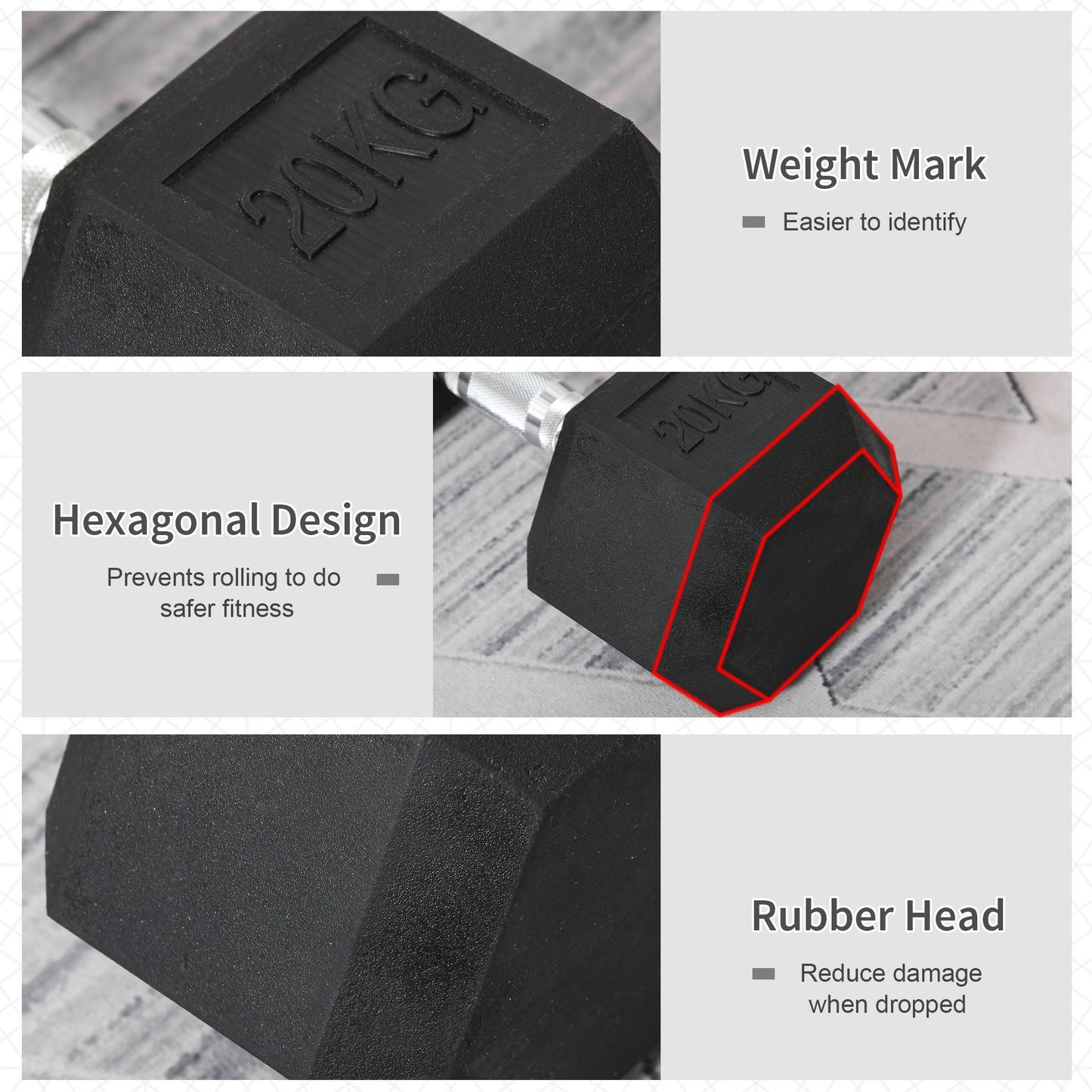 2x20kg Rubber Hex Dumbbell Portable Hand Weights Dumbbell Home Gym Workout Fitness Hand Dumbbell-3