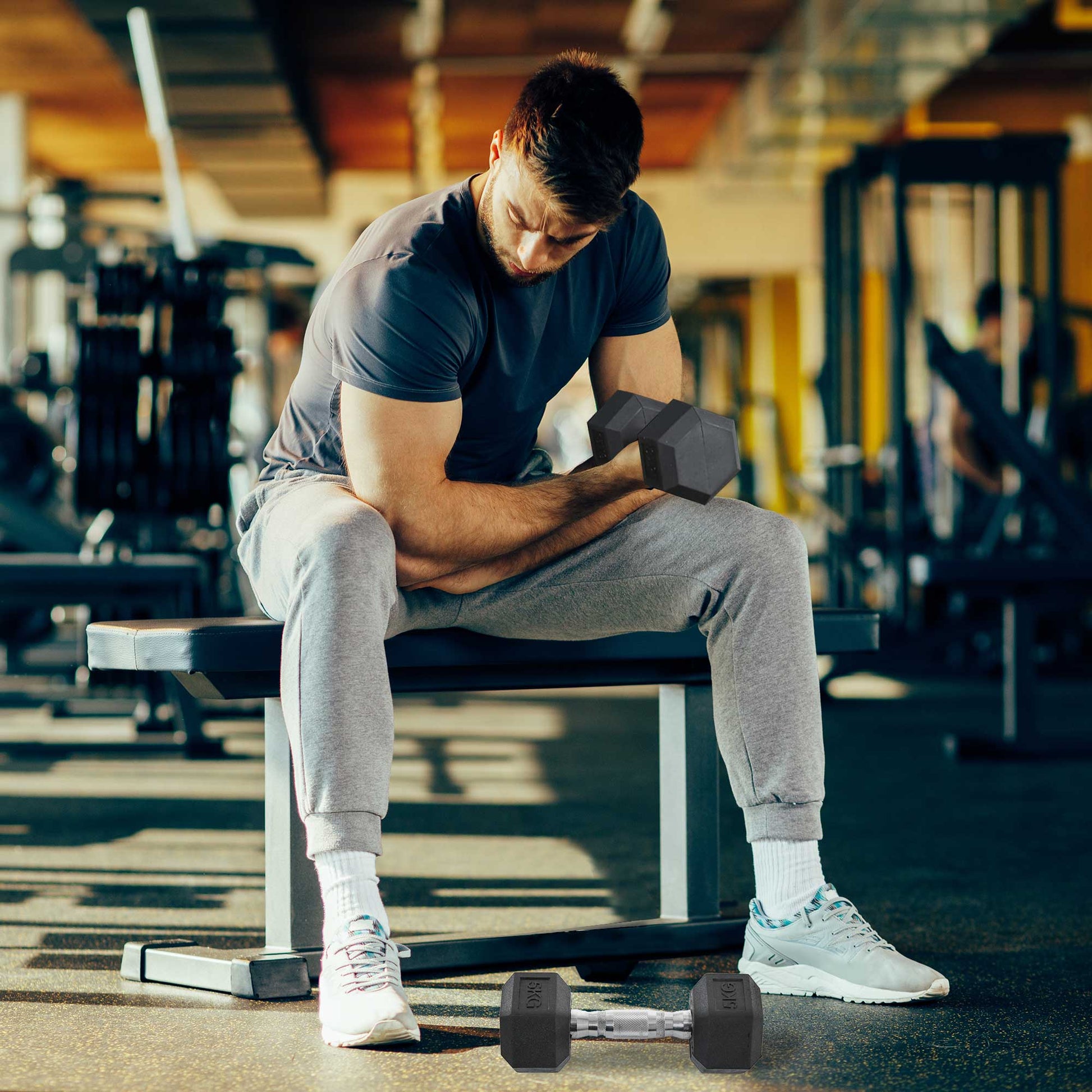Rubber Dumbbell Sports Hex Weights Sets Home Gym Fitness Hexagonal Dumbbells Kit Weight Lifting Exercise (2 x 5kg)-1