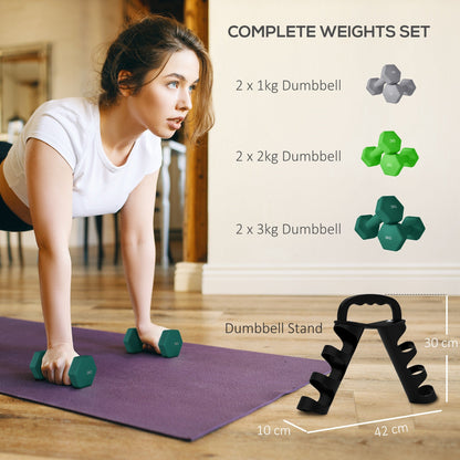 Dumbbells Set with Carry Storage Rack, Set of 6 Weights for Home Gym Kettlebell Training Weight Lifting Exercise, 2 x 1kg, 2 x 2kg, 2 x 3kg-3