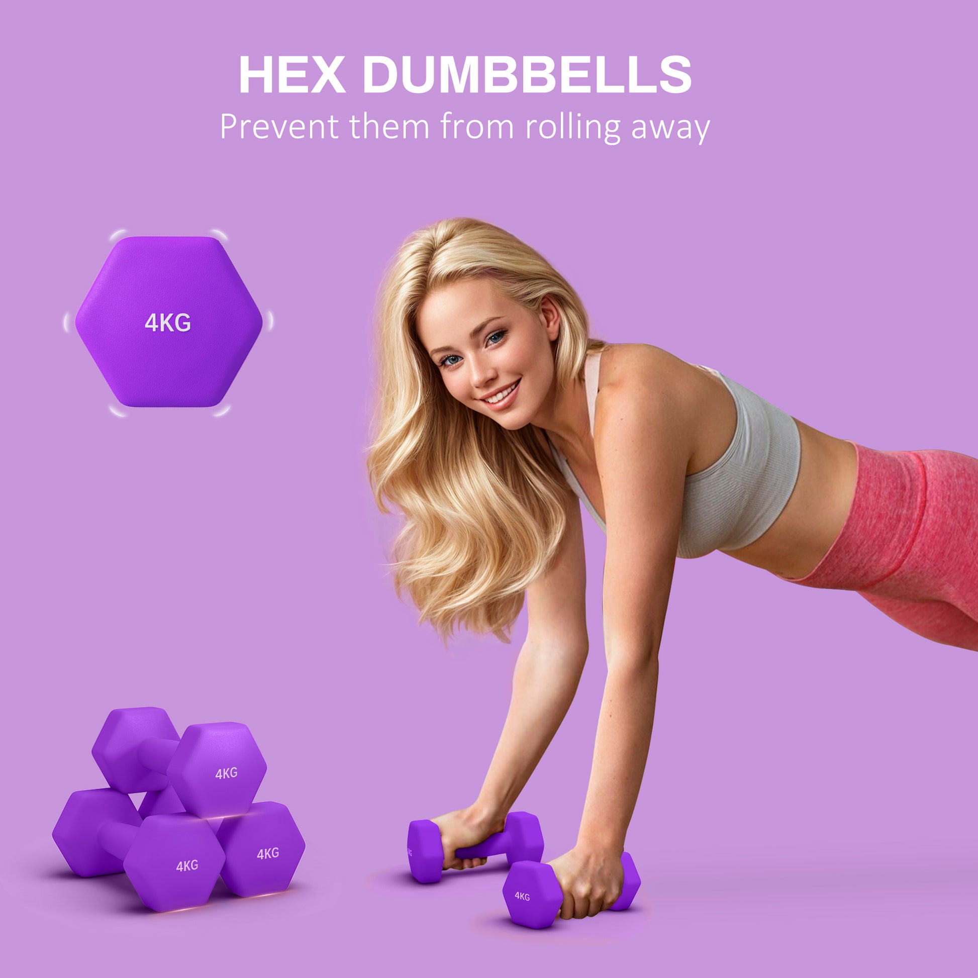 2 x 4kg Hexagonal Dumbbells Weights Set with Non-Slip Grip for Home Gym Workout in Purple by SPORTNOW-2