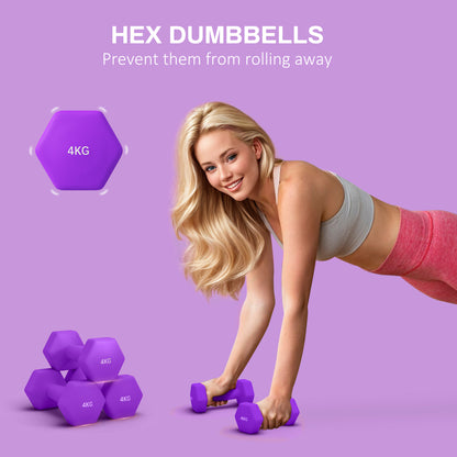 2 x 4kg Hexagonal Dumbbells Weights Set with Non-Slip Grip for Home Gym Workout in Purple by SPORTNOW-2