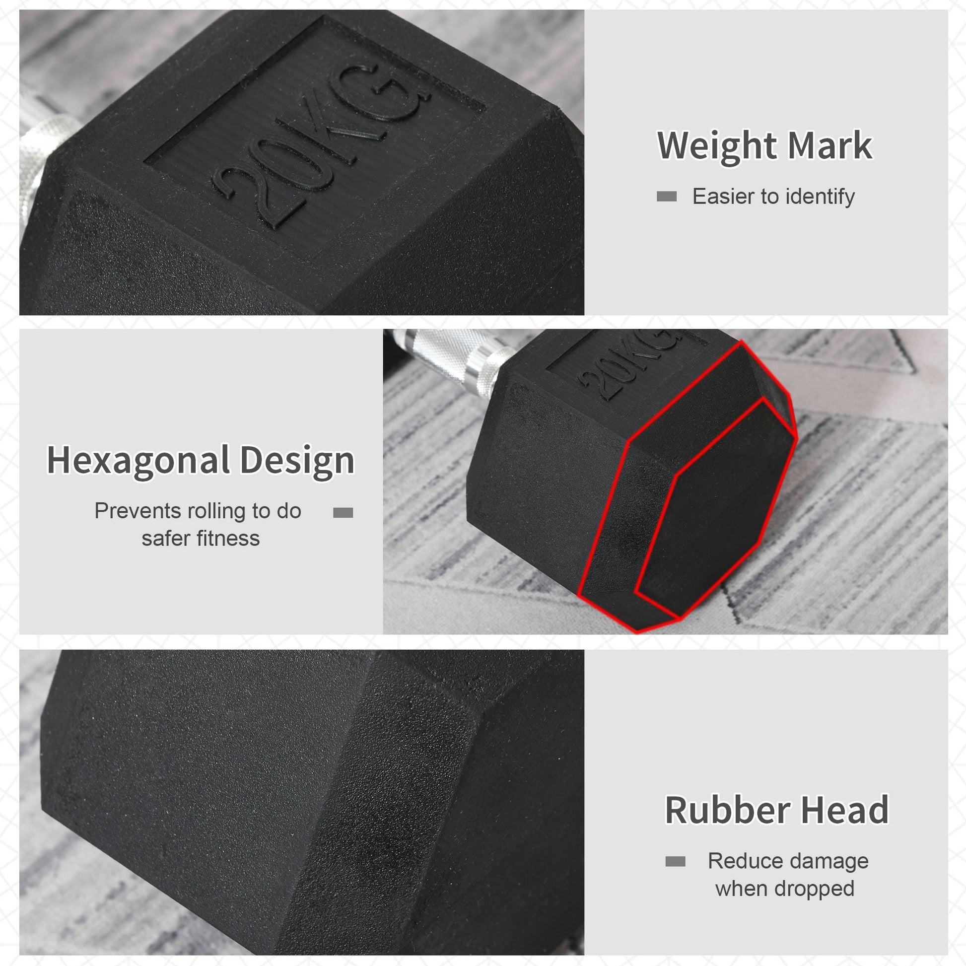 2x20kg Rubber Hex Dumbbell Portable Hand Weights Dumbbell Home Gym Workout Fitness Hand Dumbbell-3
