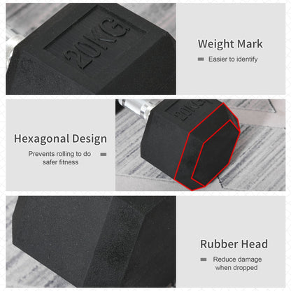 2x20kg Rubber Hex Dumbbell Portable Hand Weights Dumbbell Home Gym Workout Fitness Hand Dumbbell-3